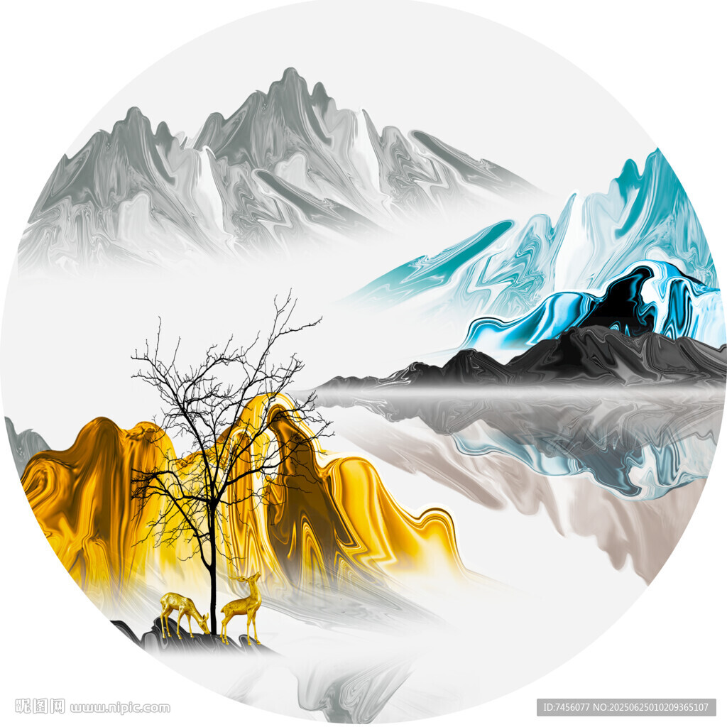 水墨山水間的孤樹奇景圓形裝飾畫