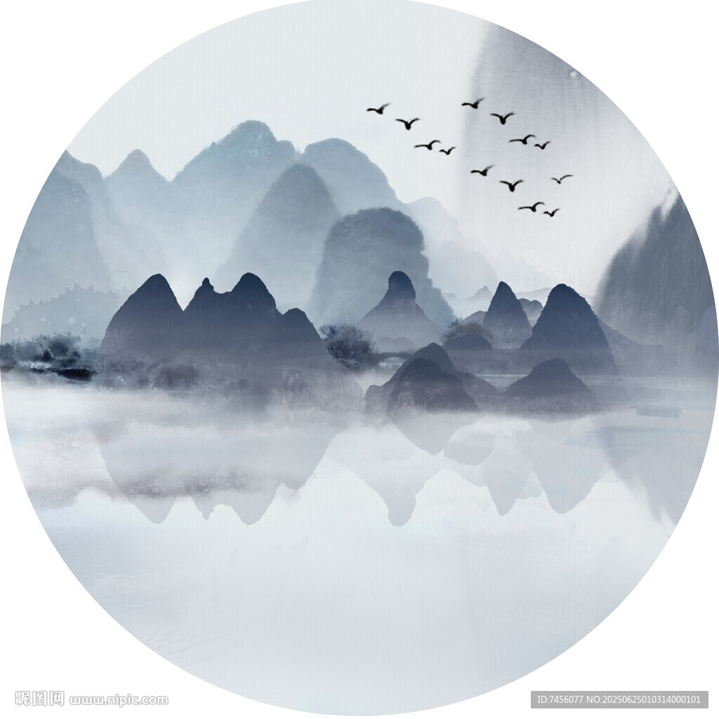 水墨山水間飛鳥(niǎo)伴云霧圓形裝飾畫(huà)