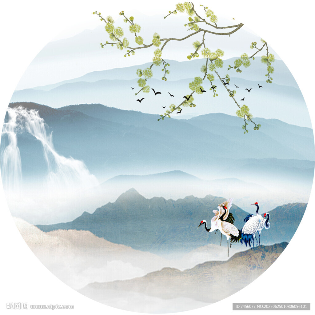 水墨山水間仙鶴與春枝圓形裝飾畫