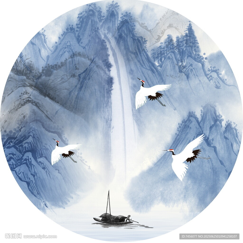 水墨山水間飛鳥(niǎo)伴孤舟圓形裝飾畫(huà)
