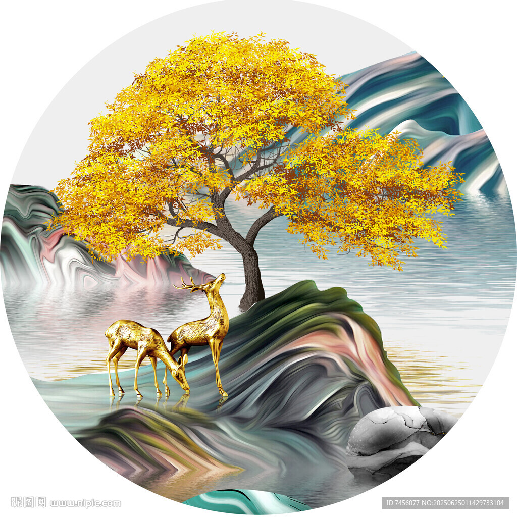 金色孤樹旁的奇幻山水圓形裝飾畫