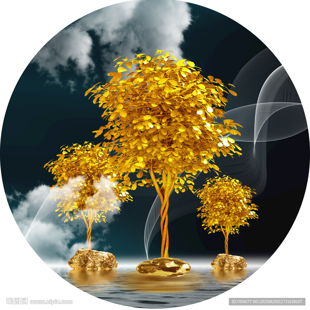 金色夢幻樹景云霧繚繞圓形裝飾畫