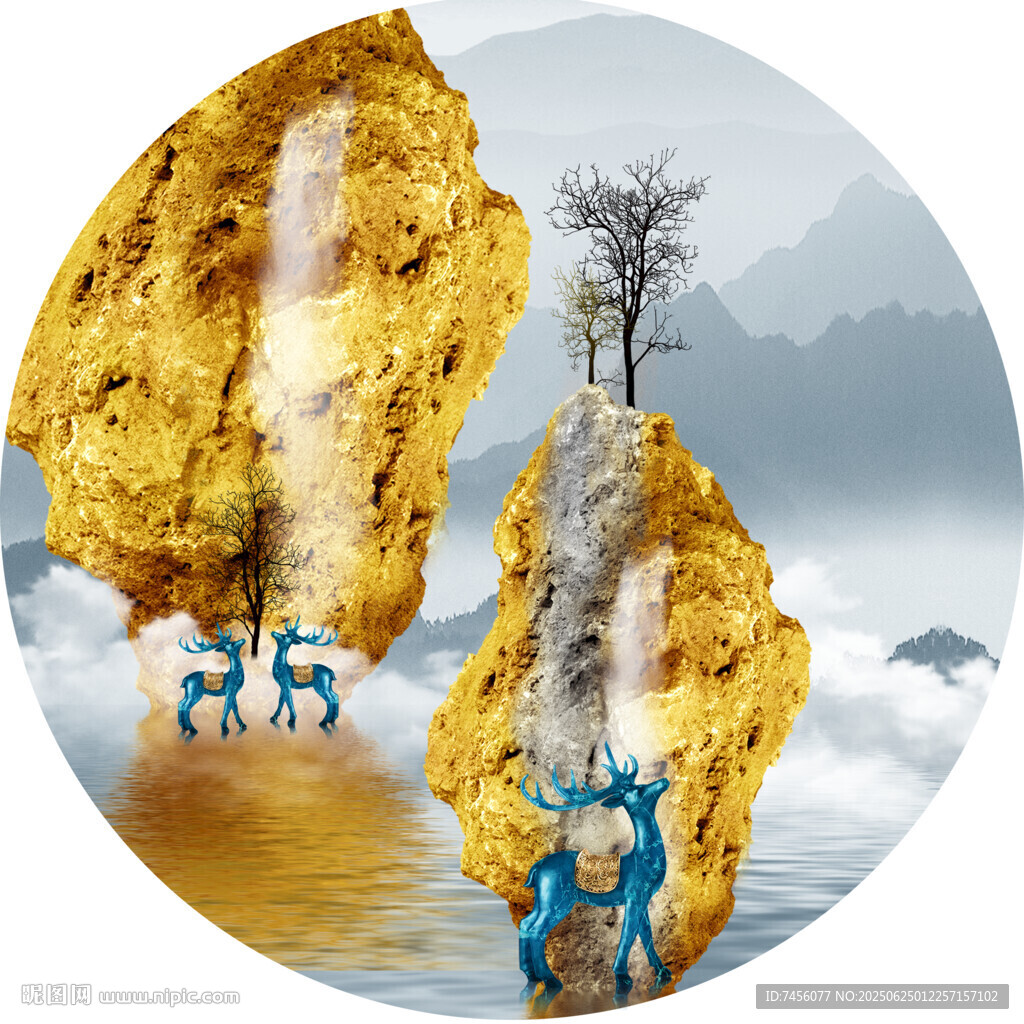 奇幻山石間圓形裝飾畫(huà)