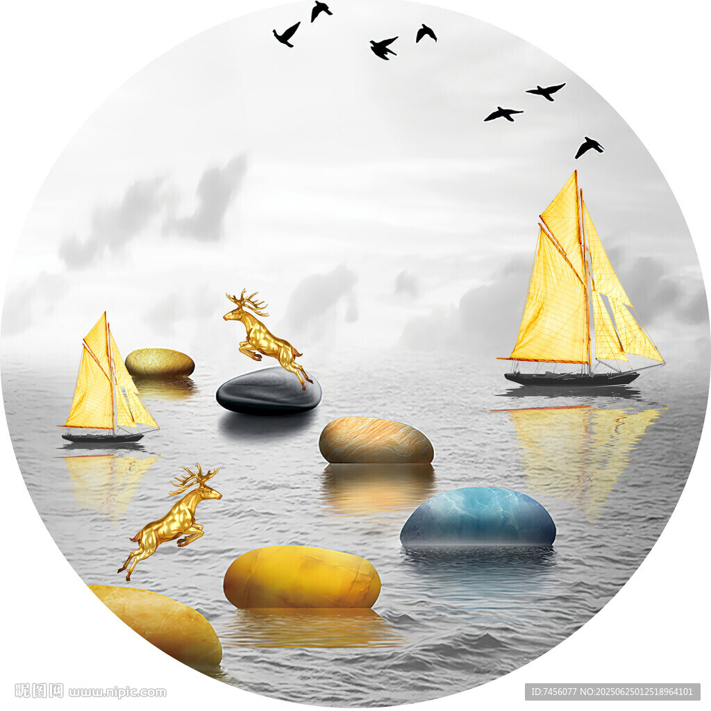 海上帆船與跳躍海豚圓形裝飾畫