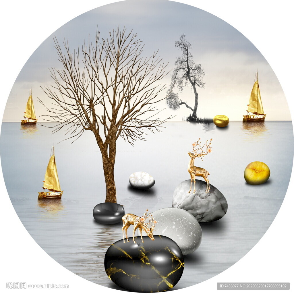 夢幻海上枯樹與帆船圓形裝飾畫