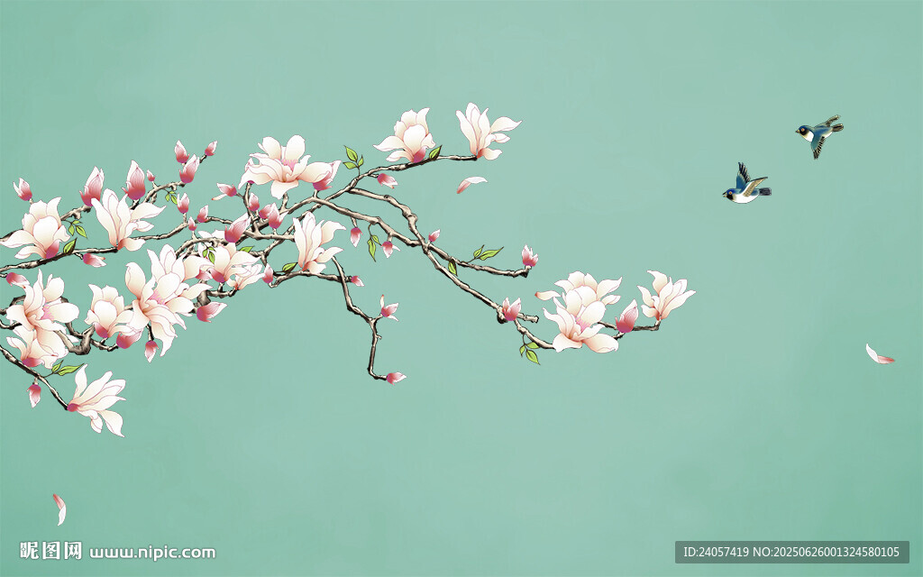 新中式玉蘭工筆花鳥(niǎo)背景墻裝飾畫