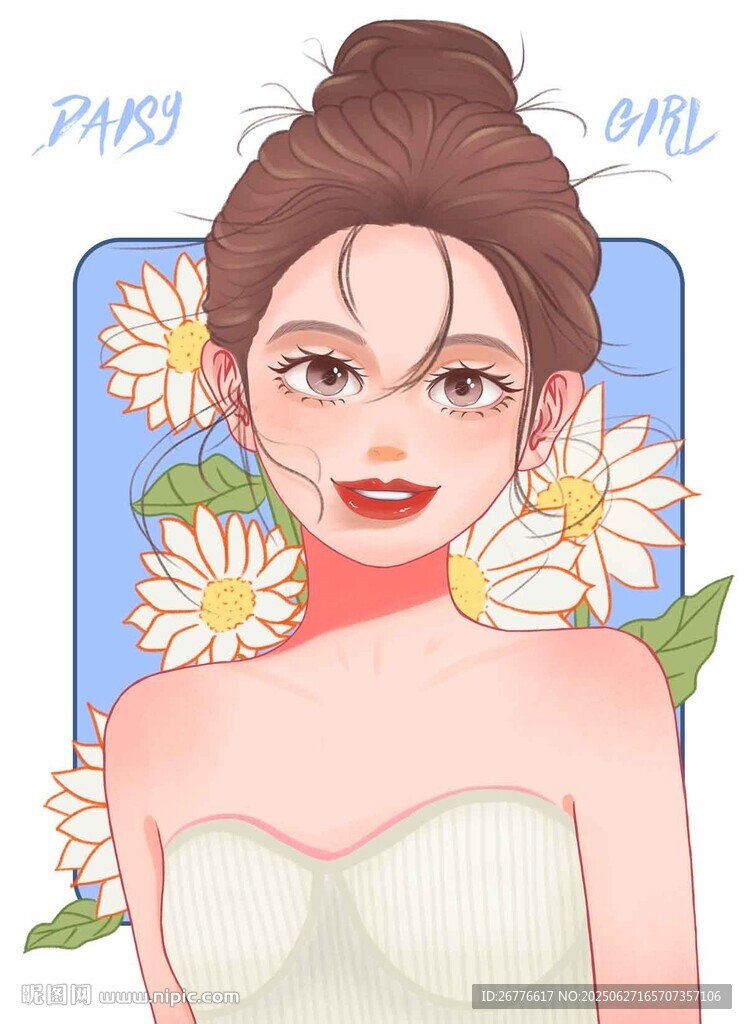 清新花朵少女美妝插畫