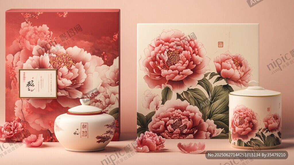 牡丹花卉中式雅致茶具禮盒
