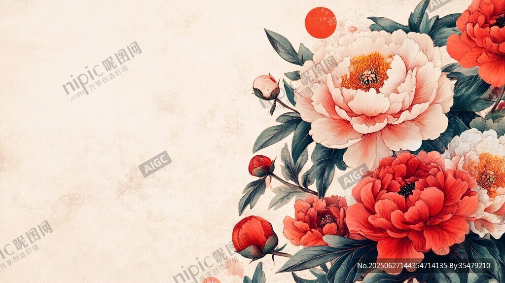 古典風盛開牡丹花卉圖