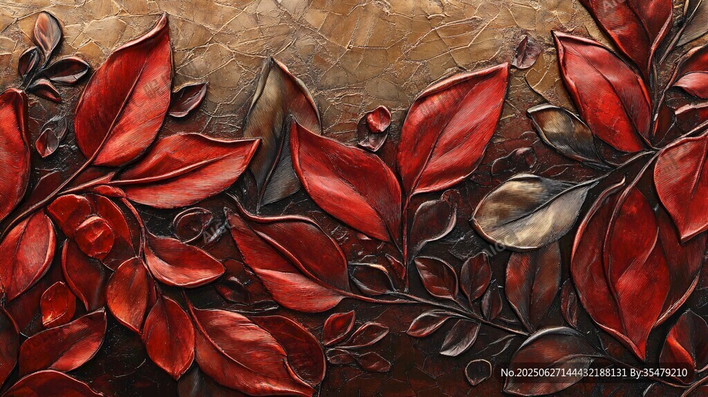 金屬質感紅色葉片藝術圖案