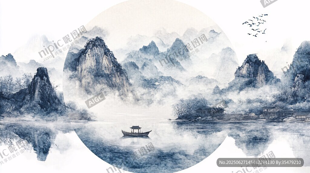 水墨山水間的孤舟意境