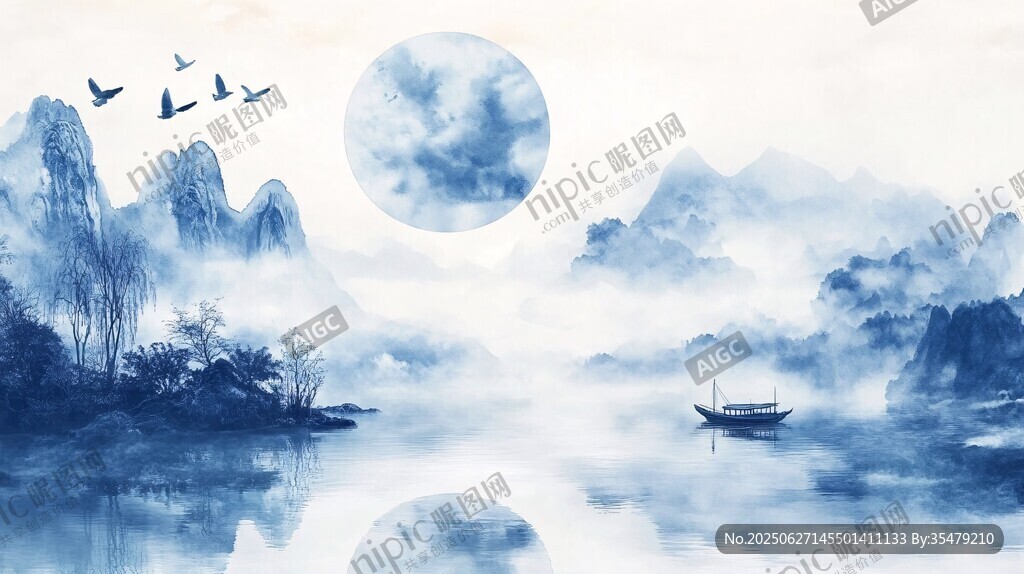 月夜江景水墨畫中的詩意