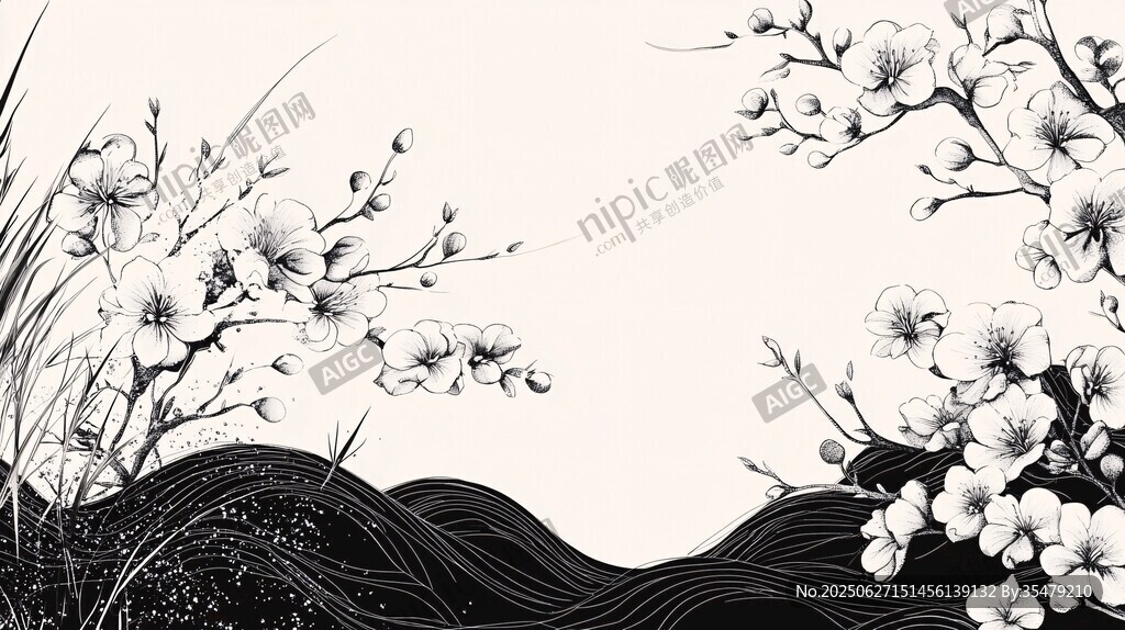 水墨花卉與波紋意境圖