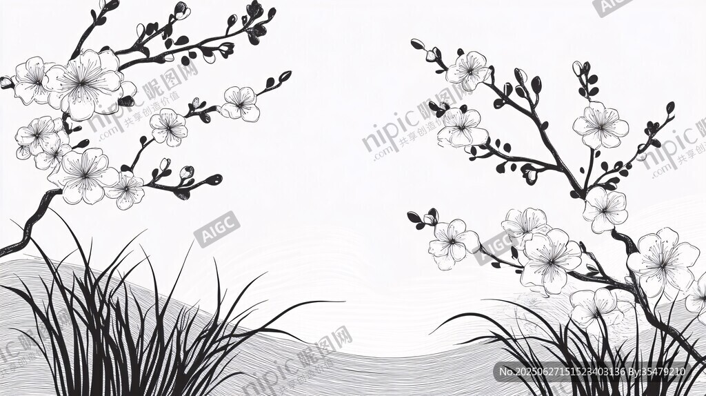 水墨梅花與草的雅致圖景
