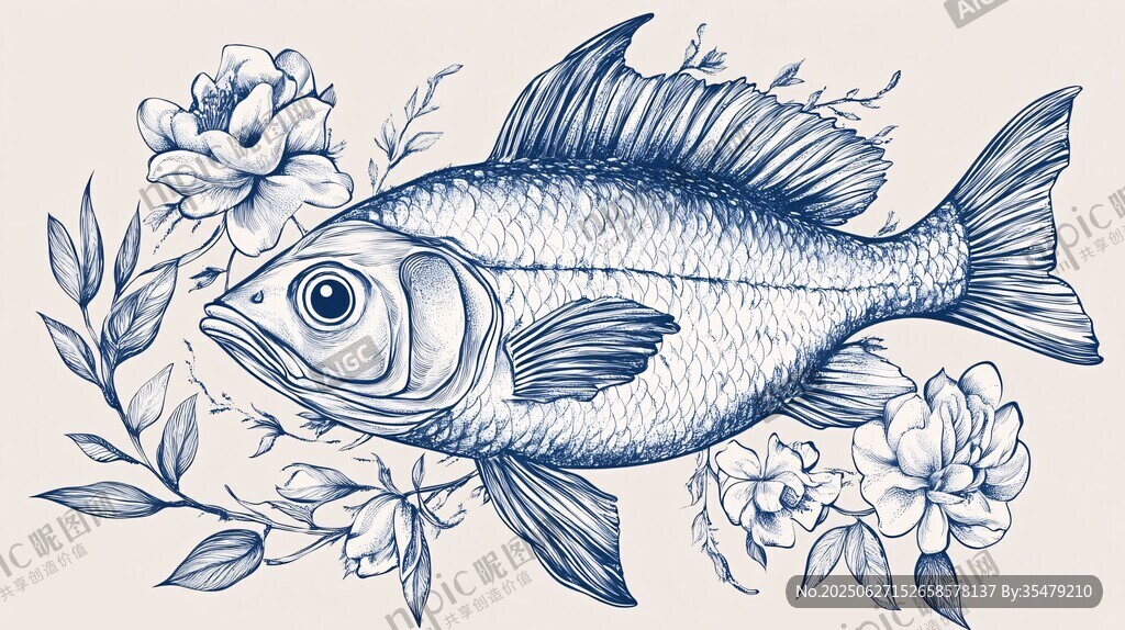 藍紋魚飾 花卉相伴