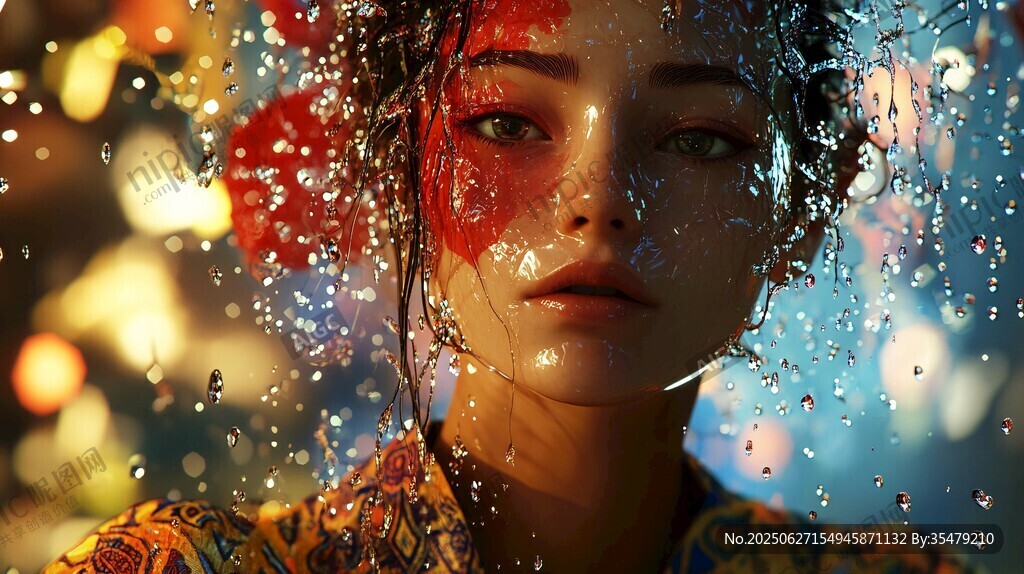 夢幻雨中花飾少女肖像
