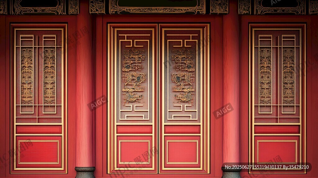 中式紅墻雕花門窗