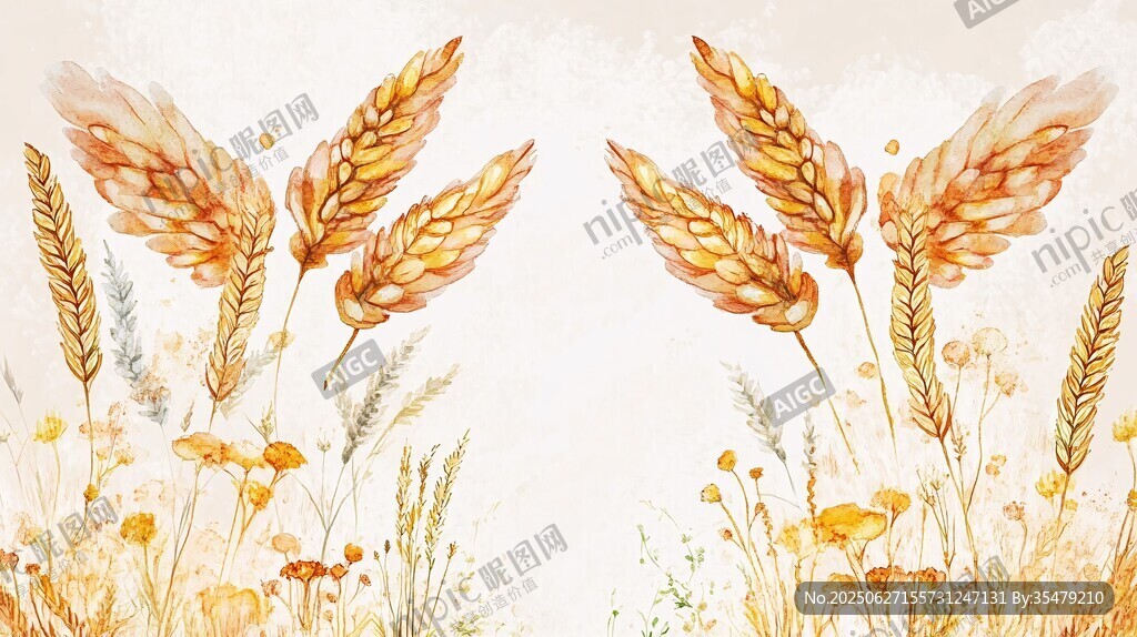 秋日麥穗花卉水彩插畫