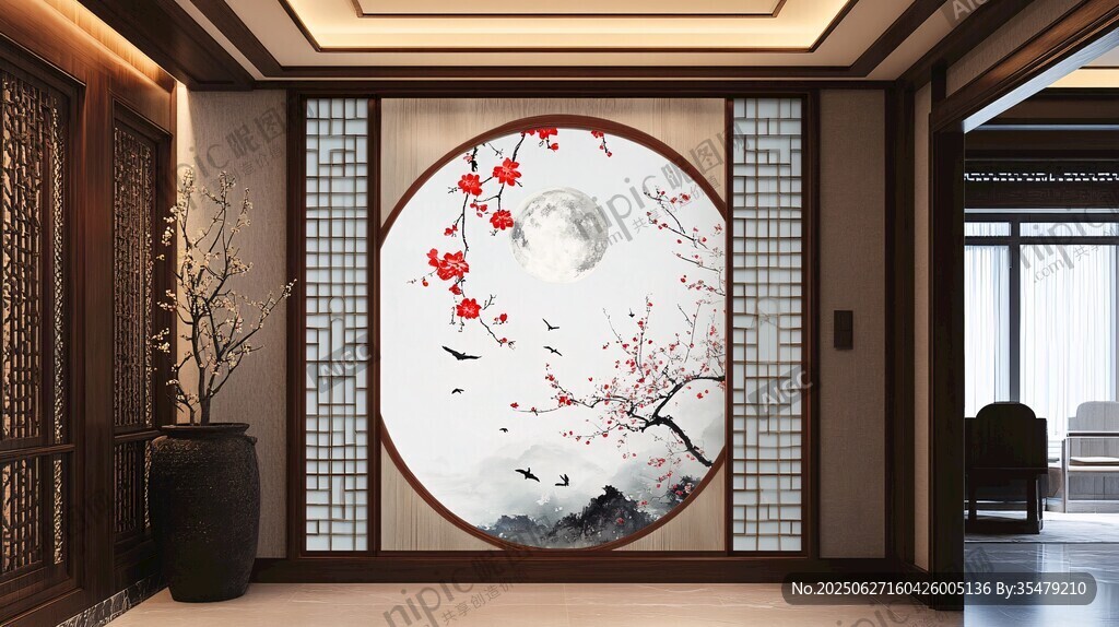 中式玄關梅花圓月背景墻
