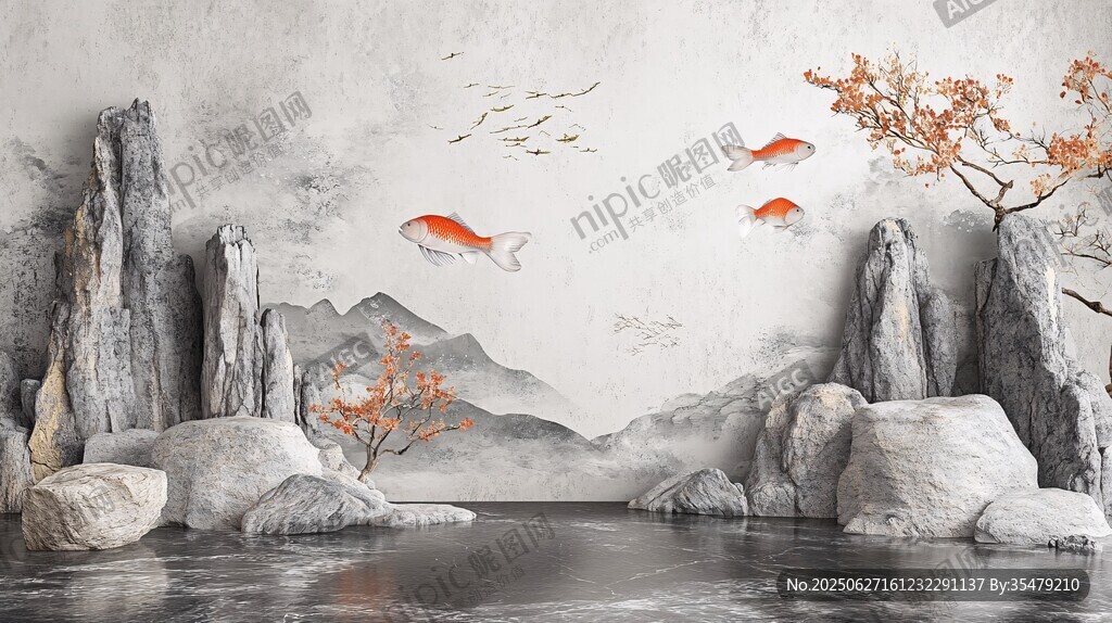 中式水墨風(fēng)山水錦鯉景觀