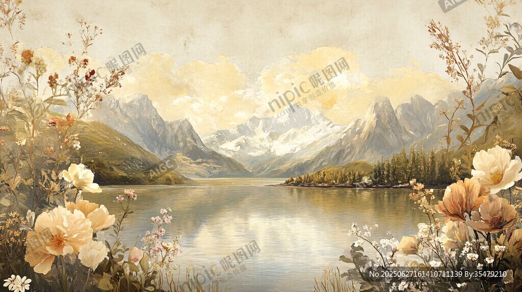 湖畔繁花伴遠山美景