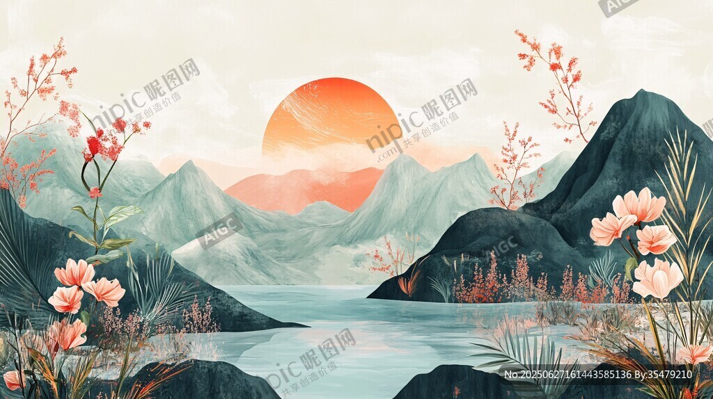 夕陽下的山水花卉美景