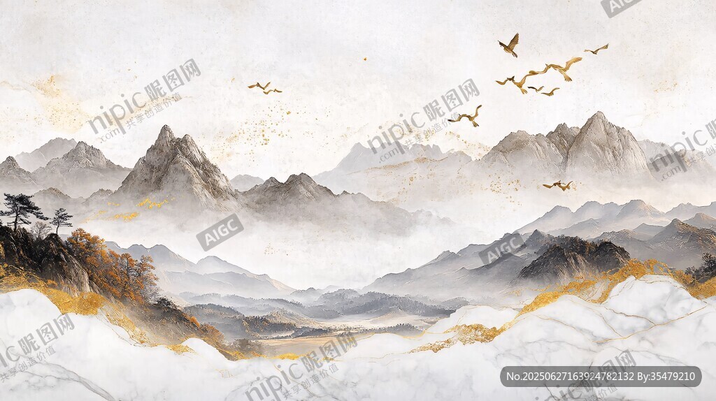 水墨山水間飛鳥翱翔圖景