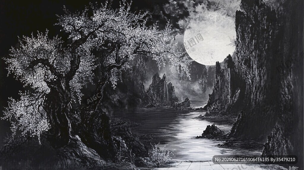 月夜下的河畔枯樹景觀