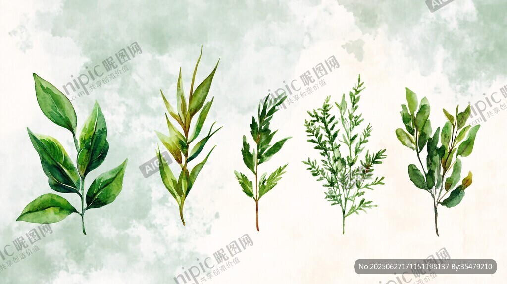 水彩繪五款清新綠植葉片