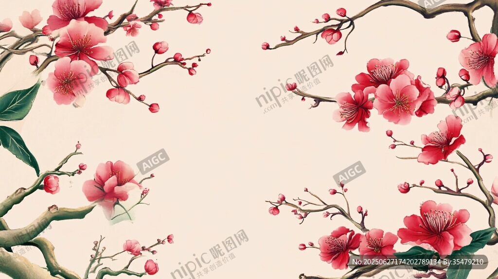 中式手繪盛開的嬌艷紅梅