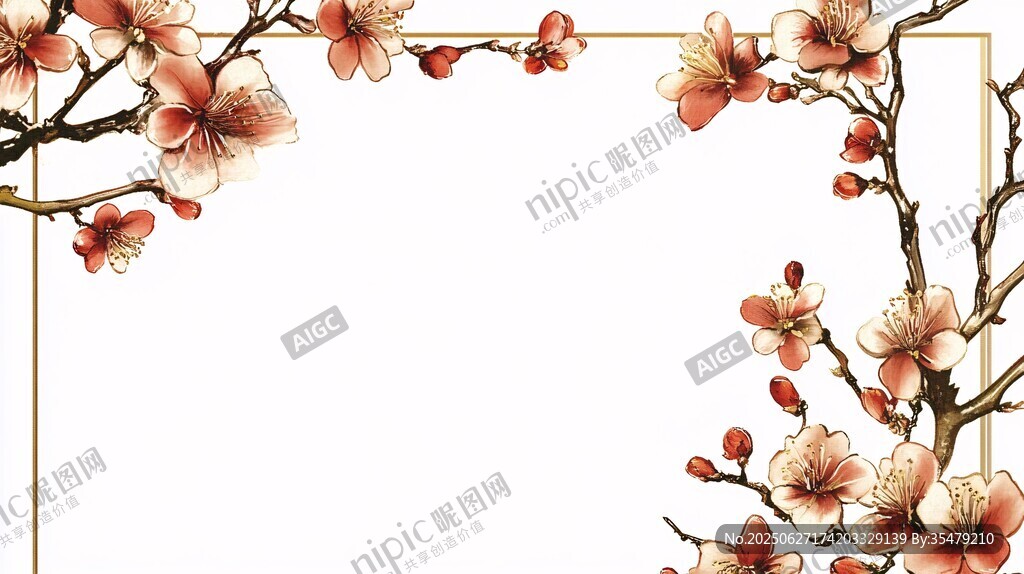 中式桃花邊框裝飾背景圖
