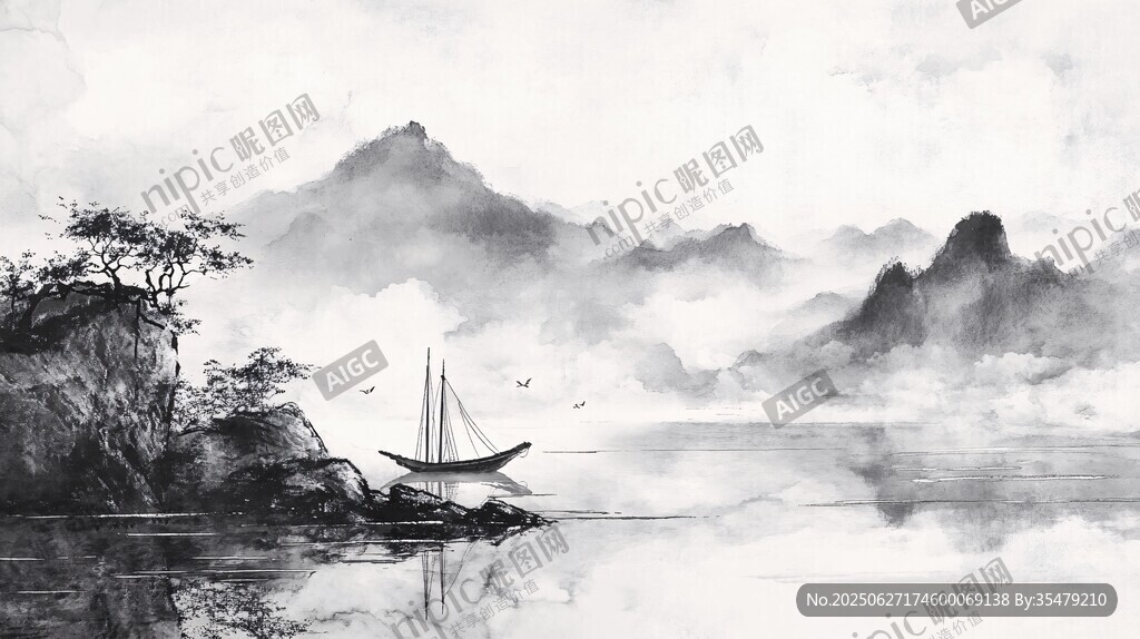 水墨山水間的孤舟野景