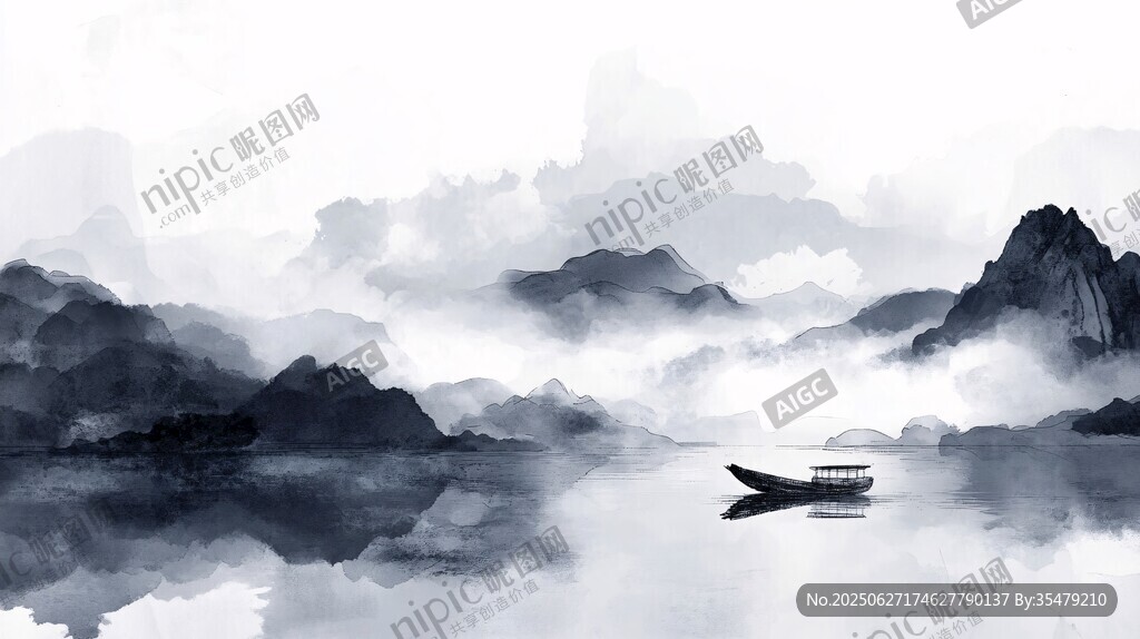 水墨山水間孤舟泛江景