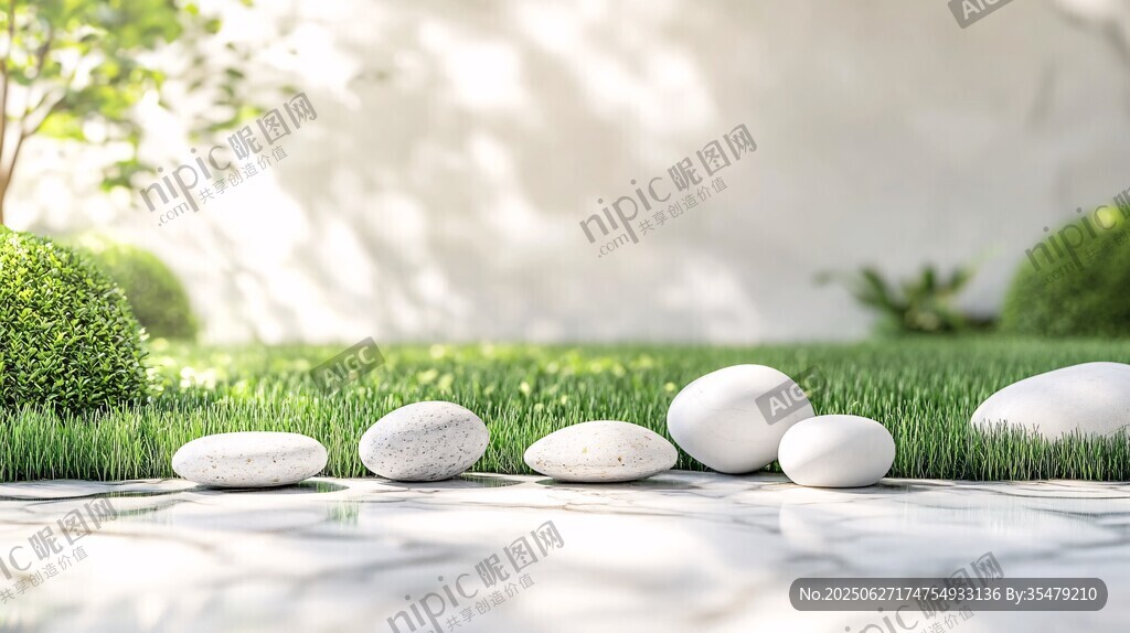 草坪邊的圓潤白石景觀