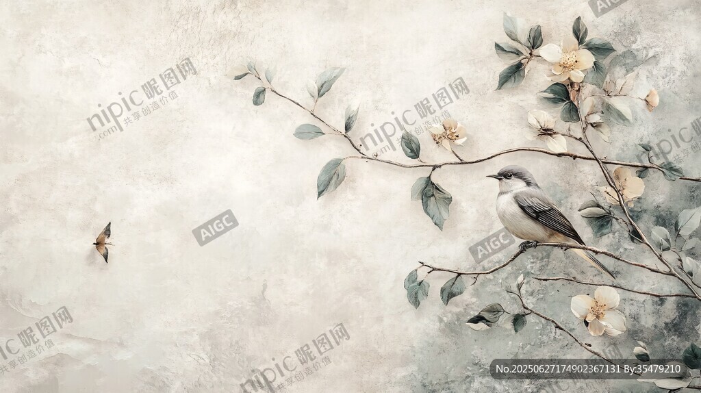 花鳥相依的中式詩意圖景