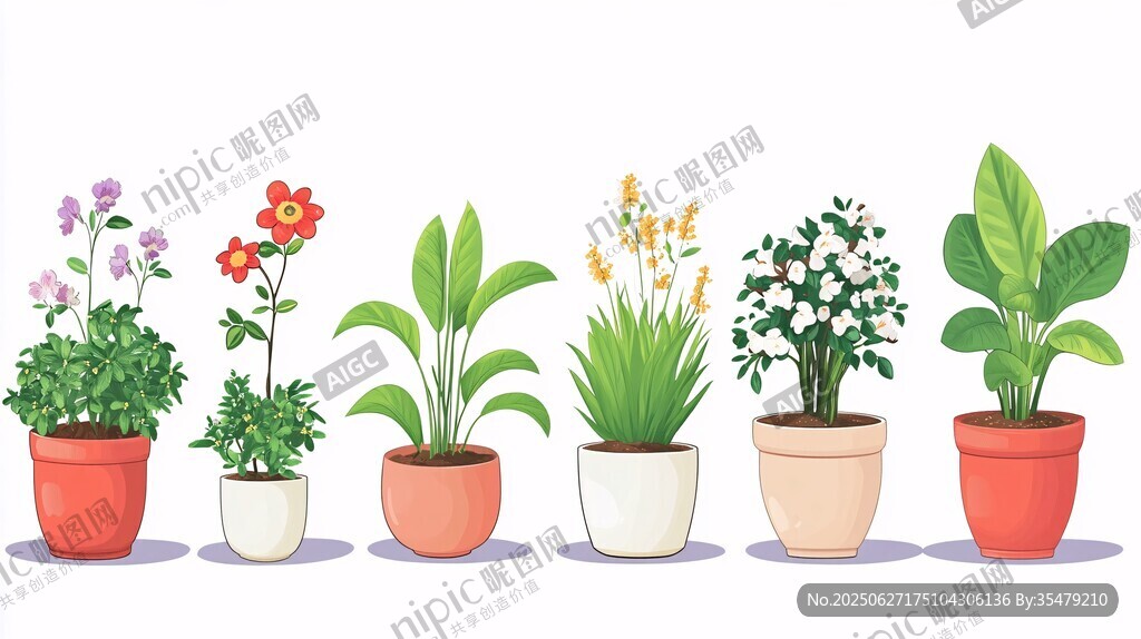 一排多彩盆栽植物展示