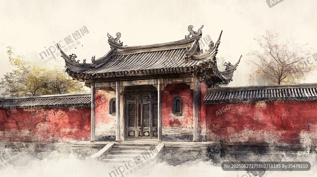 中式古建紅墻翹角之美