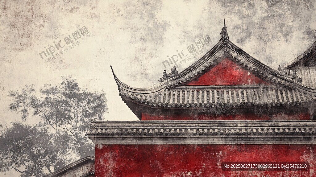 古風(fēng)紅墻古建筑屋頂一角