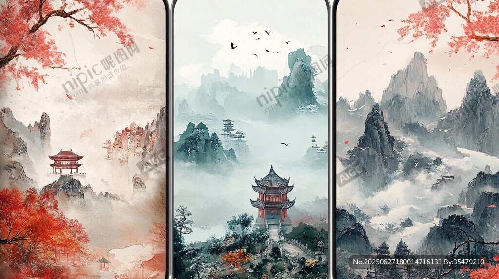 三聯(lián)中式山水意境風(fēng)景畫
