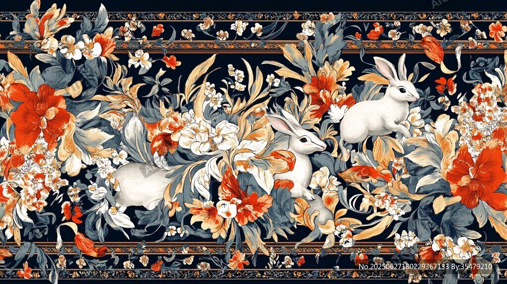 兔躍繁花中式精美圖案