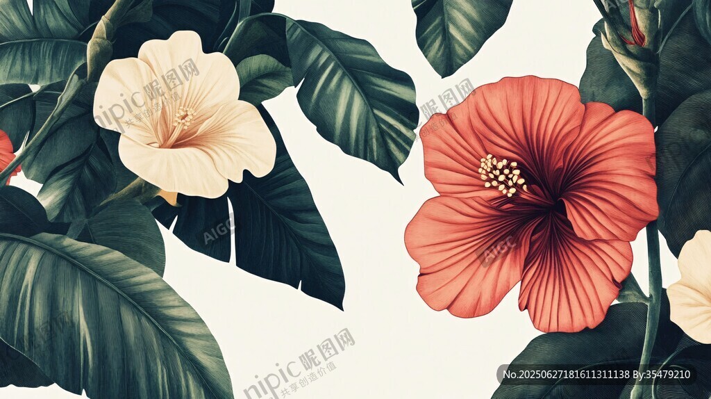 熱帶花卉與綠葉插畫