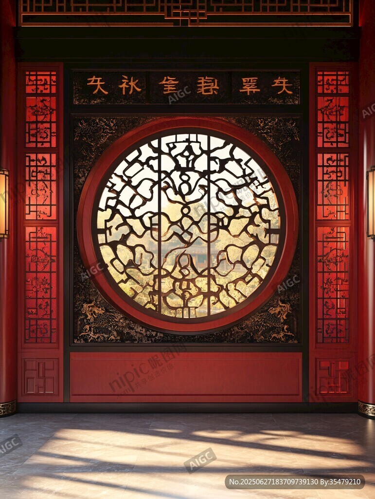 中式古典紅窗精美雕花