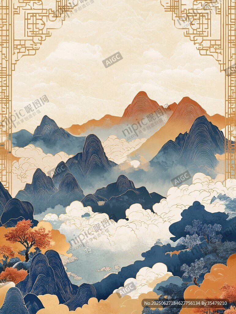 中式山水意境古風(fēng)美景圖