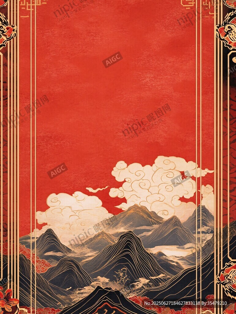 中式紅底山水云紋背景圖