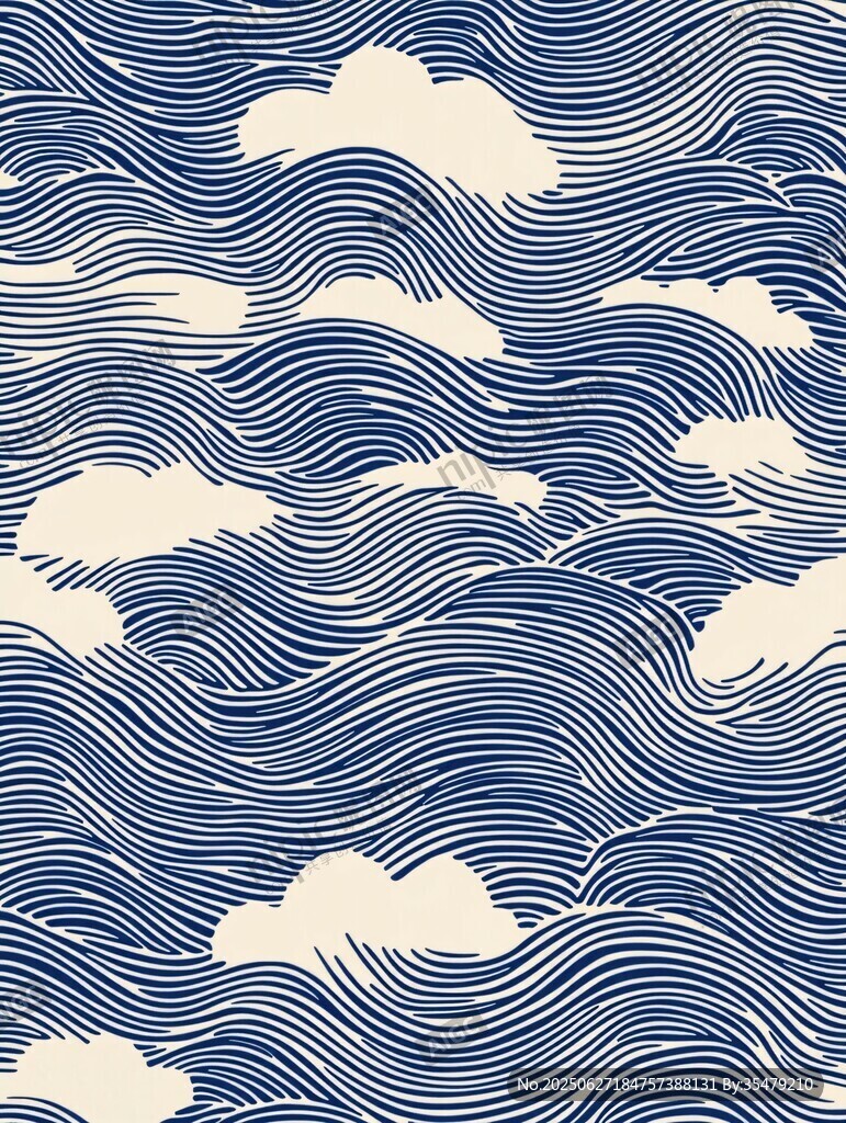 藍白海浪云朵無縫圖案