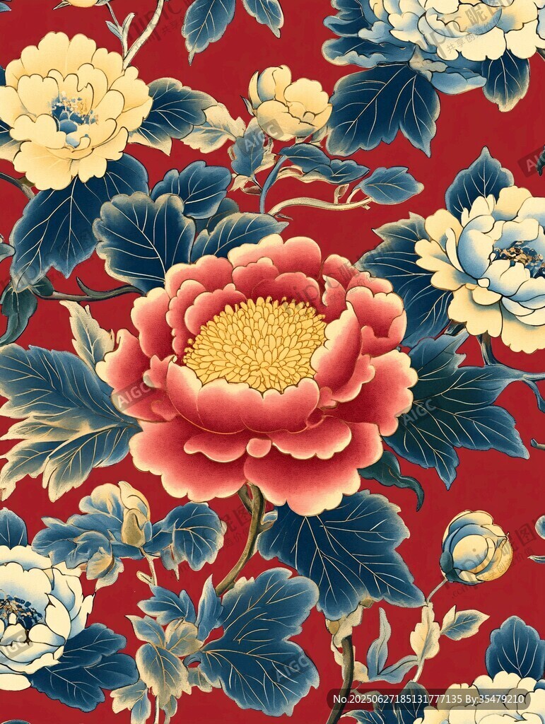 中式紅底牡丹花卉圖案