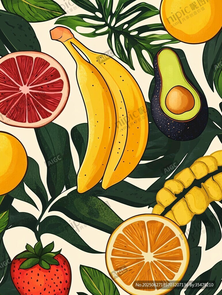 繽紛熱帶水果插畫圖案