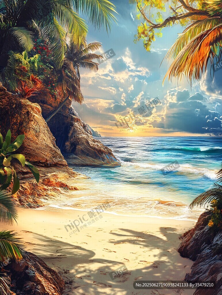 熱帶海灘的夢幻日落美景