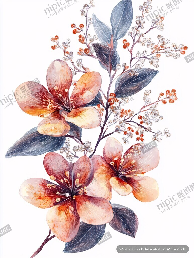 水彩花卉插畫中的絢爛花枝