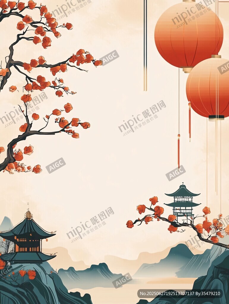 中式山水間的燈籠與紅梅